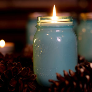 Blue Spruce natural soy wax candle in a medium Ball Mason Jar. Good Earth Candle Company, goodearthcandle.com.
