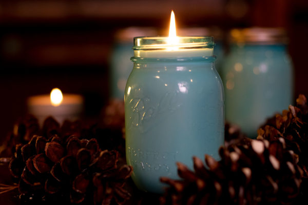 Blue Spruce natural soy wax candle in a medium Ball Mason Jar. Good Earth Candle Company, goodearthcandle.com.